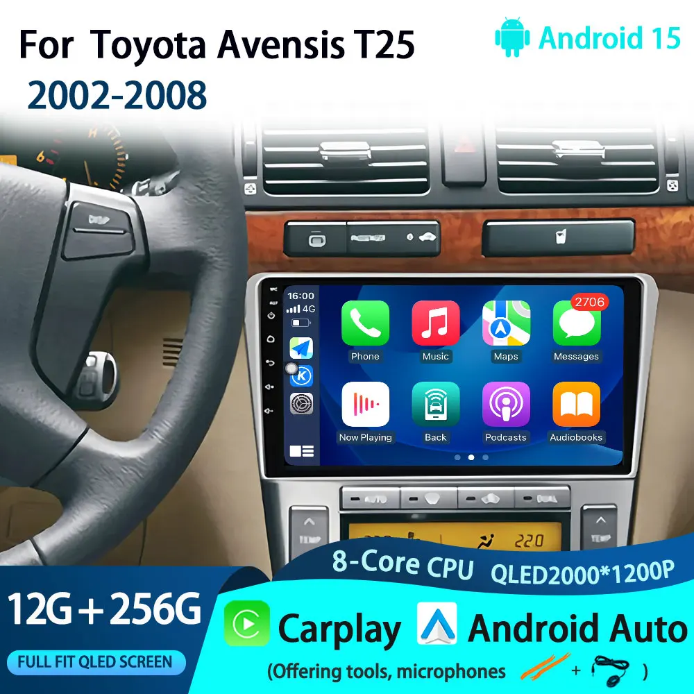 

Car Radio Multimedia For Toyota Avensis T25 2002-2008 Android 15 Navigation Multimedia Wireless BT Carplay 2K QLED Screen