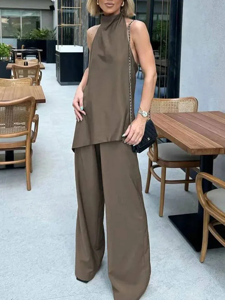 HH 2024 New Female Backless Woman Mini Halter Top Hem Tops Chic Suits Sexy Asymmetric Adjustable Waist Straight Leg Pants