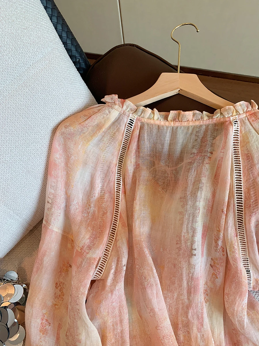 Chic Lace Trim Long Sve irt Women's Casual Sle Thin Material V-Ne Button-Up Loose Fit Autumn Faion Top