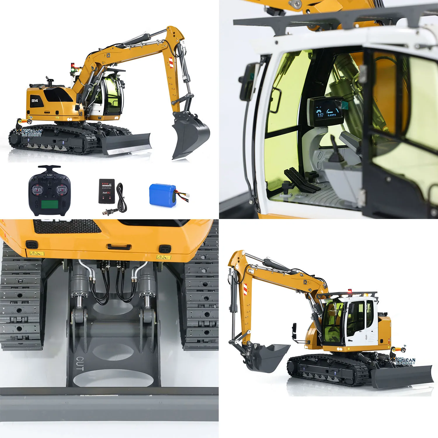 

1/14 CUT Model RC Hydraulic Excavator 914 5CH Valve Metal Remote Control Digger Warning Light Flysky ST8 Radio Sound System