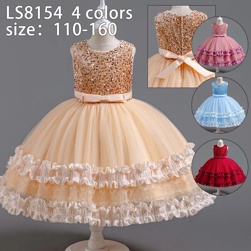 ELBCOS 4-8Y Girls Crew Neck No-Sleeves Sequin Solid Bow Waistband Cake Fluffy Skirt Lace Costumes Holiday Princess Party Dress