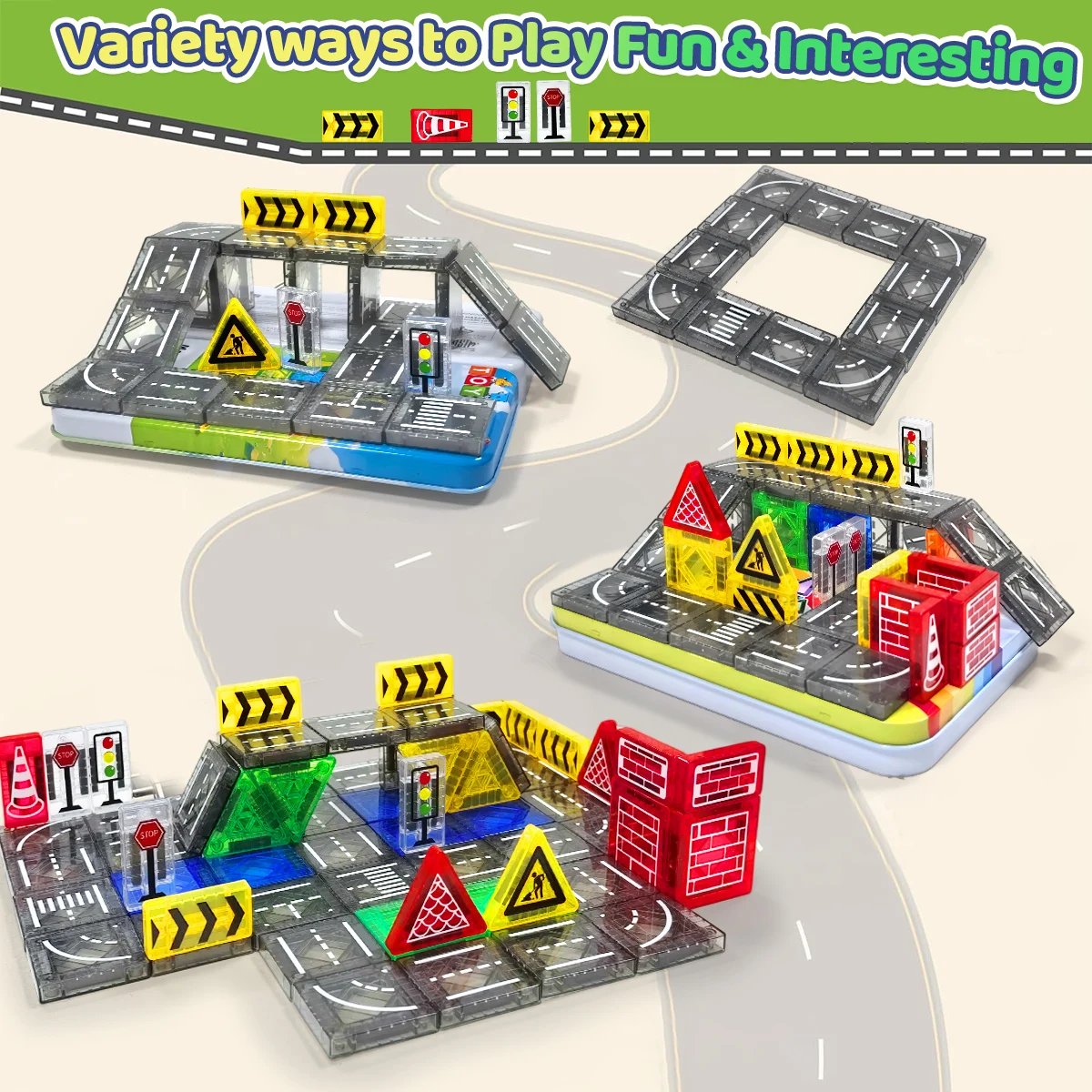 Ensemble de Construction de route magnétique, jouets pour enfants, blocs de Construction magnétiques, jouets éducatifs Montessori avec boîte en fer, 32/64 pièces