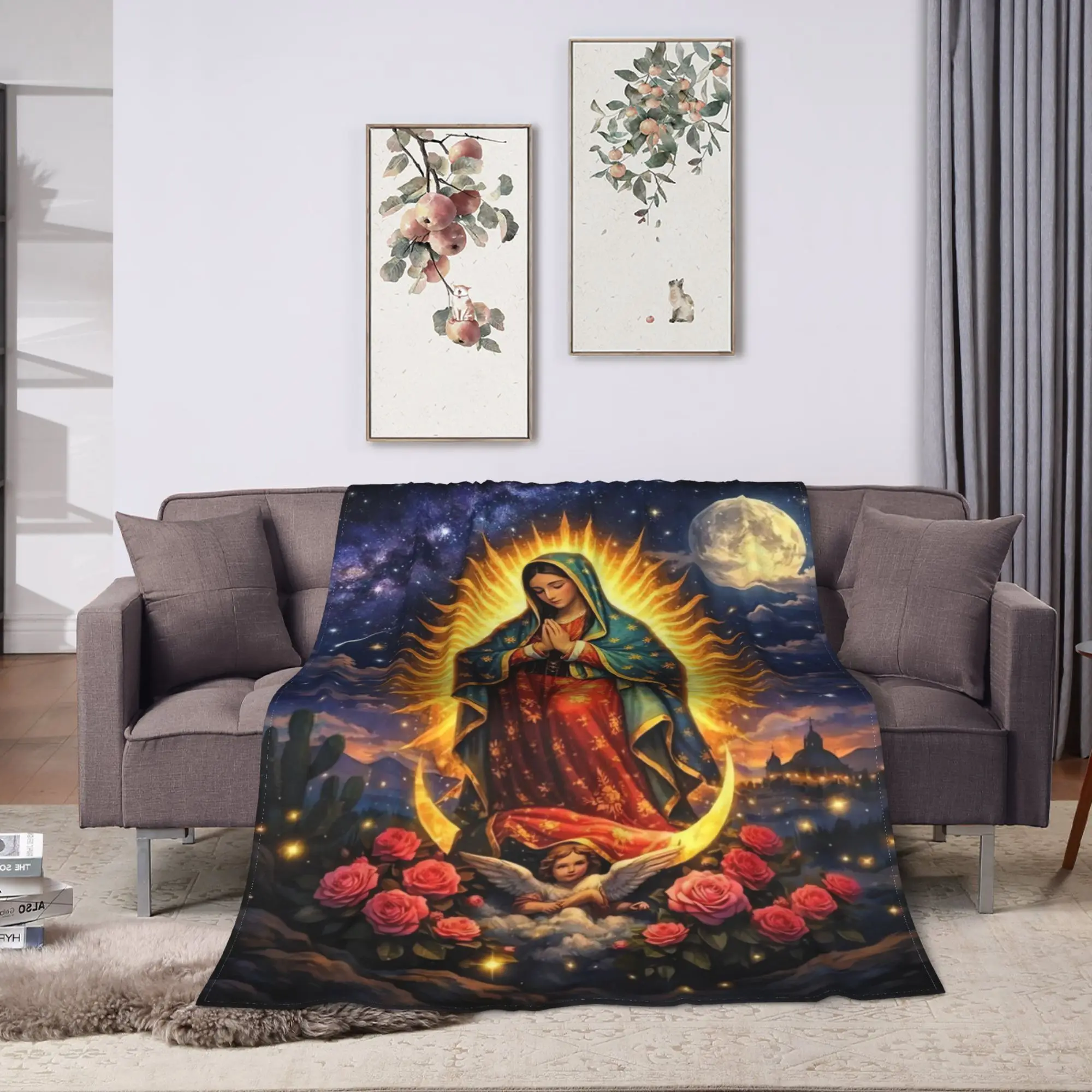 Virgin Mary Cherubs Rose Soft Blanket  Picnic Plush Throw Blanket Street Trend Couch Chair Flannel Bedspread Sofa Bed Cover