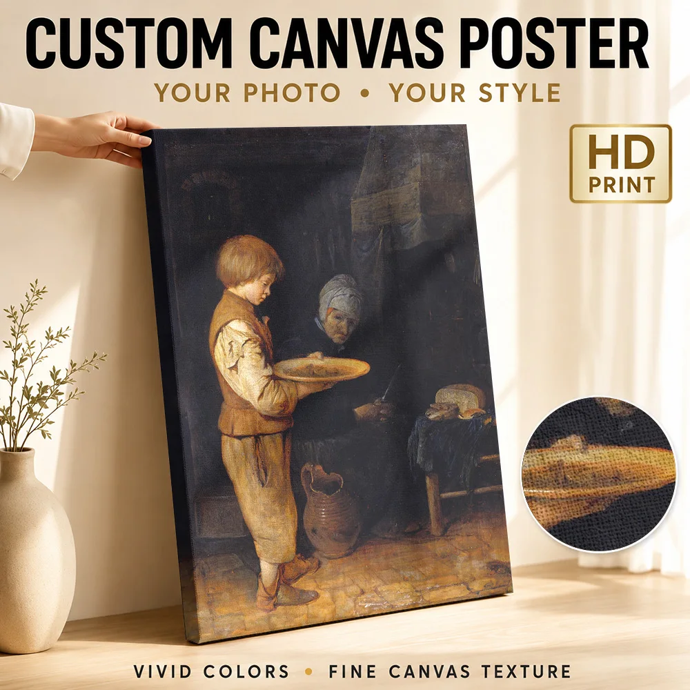 Old Woman and Boy Take a Modest Meal Framed Canvas Print Poster Customized Modern Aesthetic Wall Paintings Decoration for Office