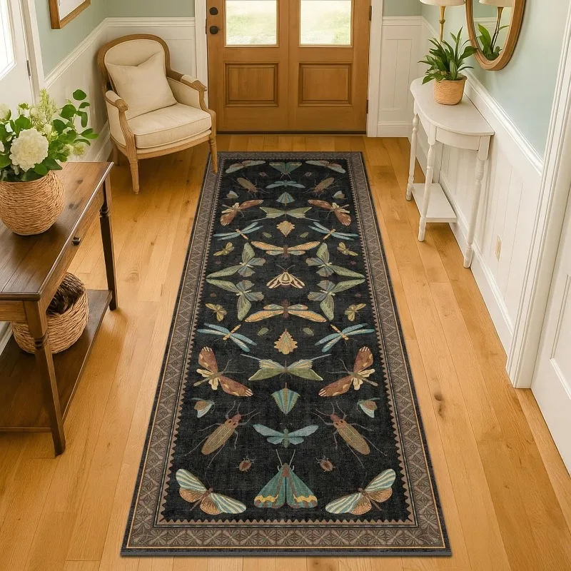 Insect Butterfly Dragonfly Print Runner Rug Boho Nature Theme Carpet Absorbent Anti-Slip Mat for Hallway Living Room Bedroom