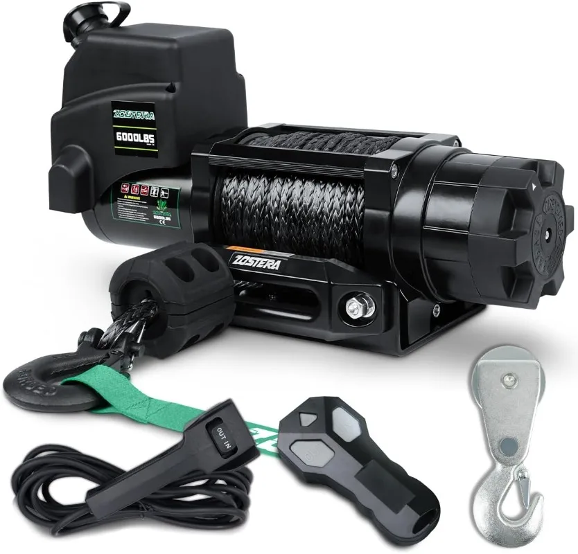 

Electric Winch 12v 6000lbs Boat Trailer Winch with Remote Synthetic Rope 1/4 in x 55 ft Hook Wireless Remote Handlebar