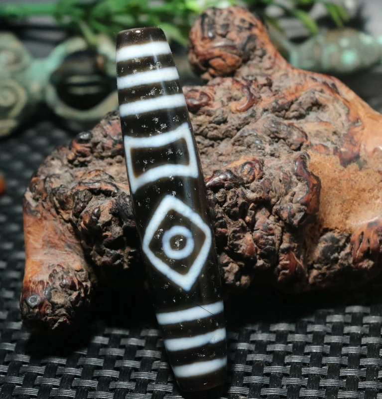 Unique Pattern Energy Power Magic Tibetan old Agate Harmonious Double Heaven&Earth Long dZi Bead Pendant Amulet Talisman