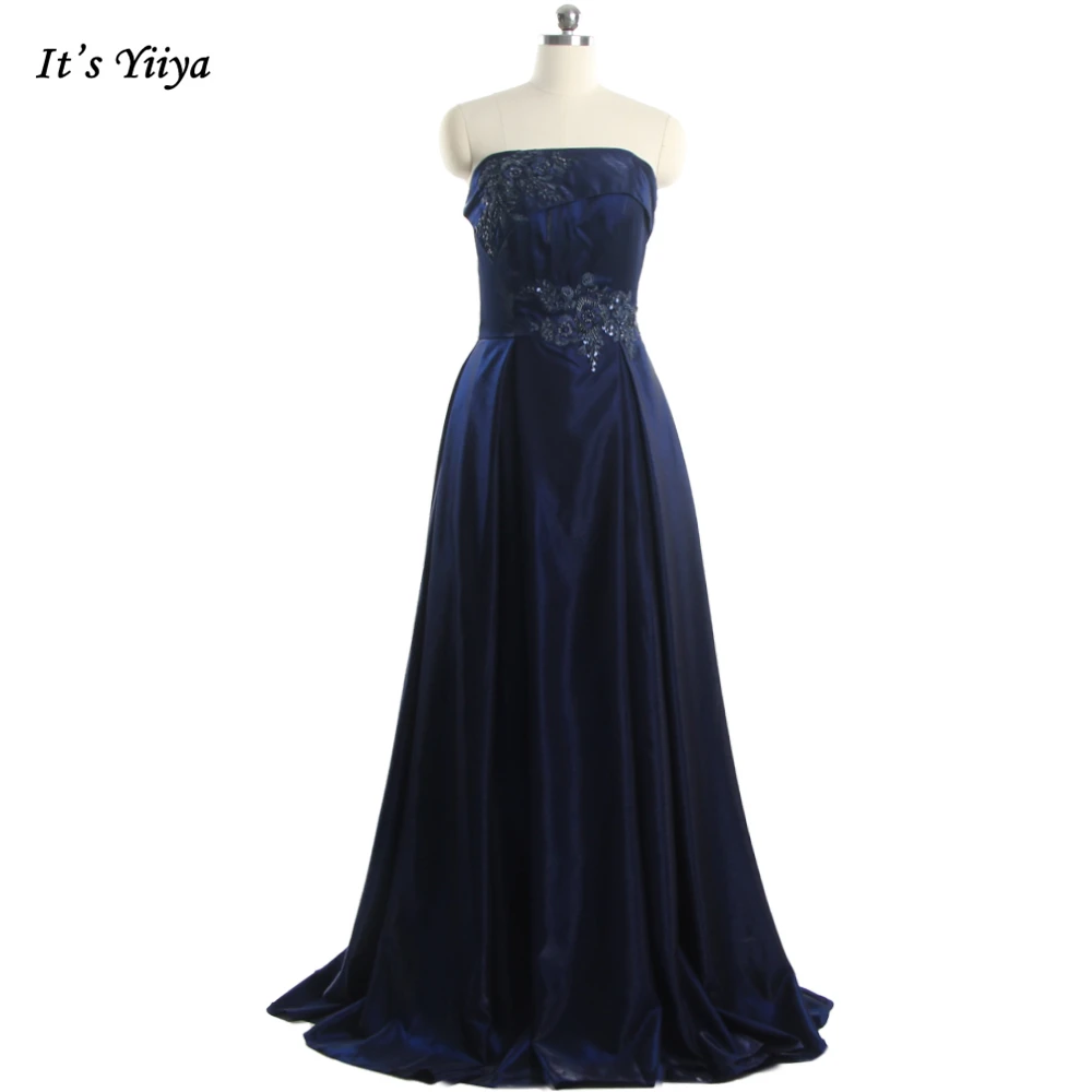 

It's Yiiya Evening Dresses Navy Blue Shiny Strapless Appliques Beading Floor Length Plus size Lace up Party Dress Women R1409