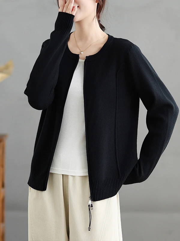 Cardigã F de Manga Longa com Zíper, Efeito Emaecedor, Cor Pura, Moda Outono Inverno, Suéter