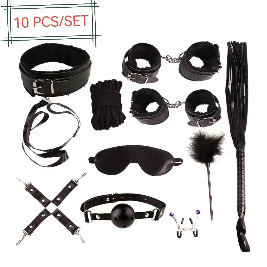 

10 Pcs/set Sex Toys For Women Couples Adult Bdsm Bondage Fetish Mask Nipple Clamps Mouth Gag Whip Flirt Feather Stick