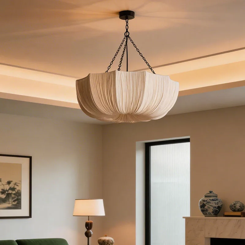 E27 Retro Iron Chain Ceiling Lamp 40 50CM Fabric Chandelier RestaurantBar Hanging Light Fixture Living Dining Room Pendant Lamps