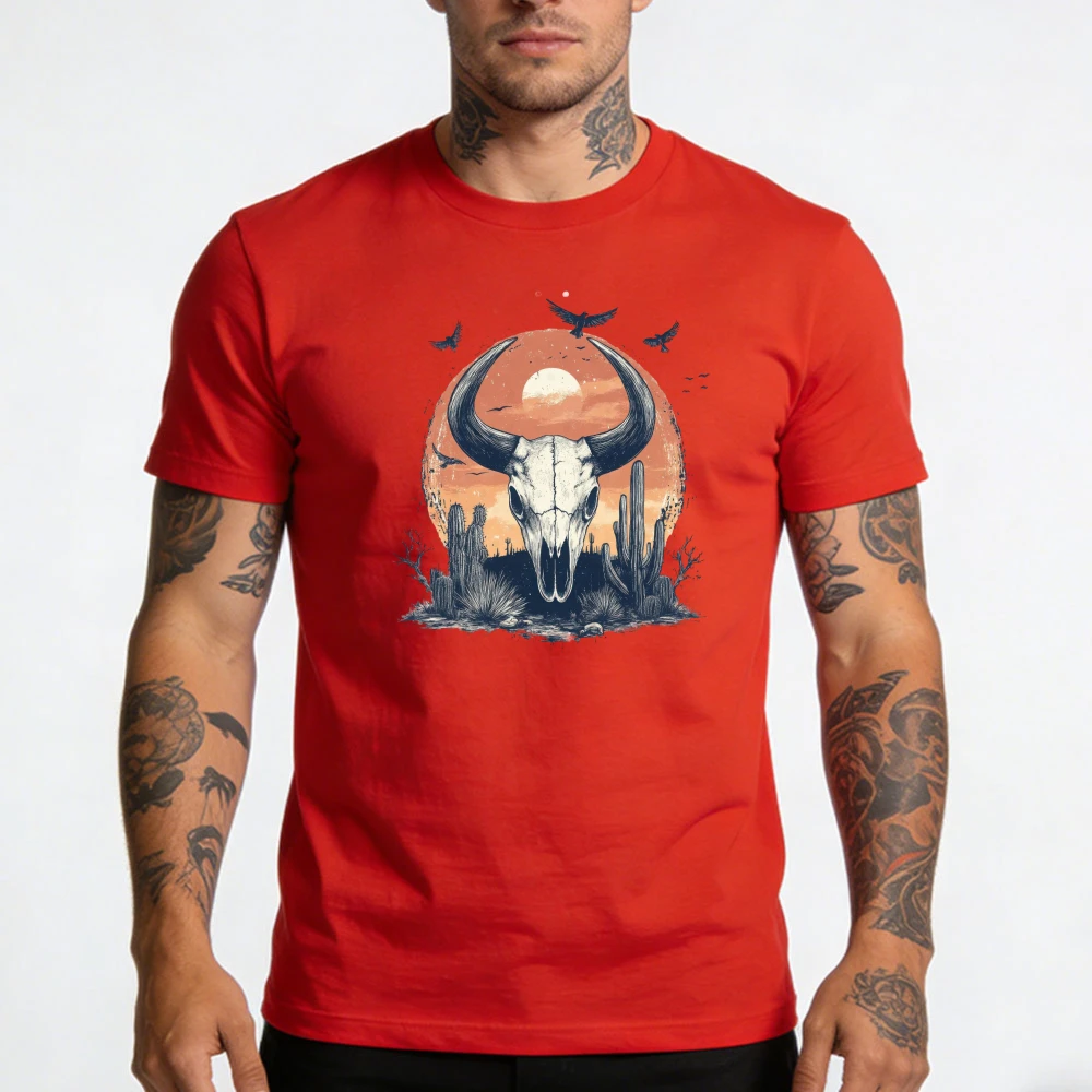 Desert Bison Skull Cactus Sunset Red Shirt Western Graphic Men Tee Southwest Landscape Top Wild West T-Shirt Rustic Streetwear