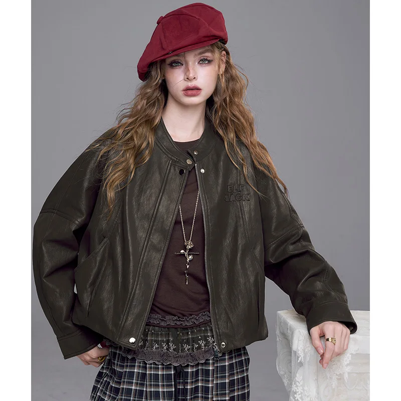 ELFSACK 2025 가을 신상 스트리트웨어 솔리드 루즈 숏 스탠드업 칼라 가죽 재킷 여성용
