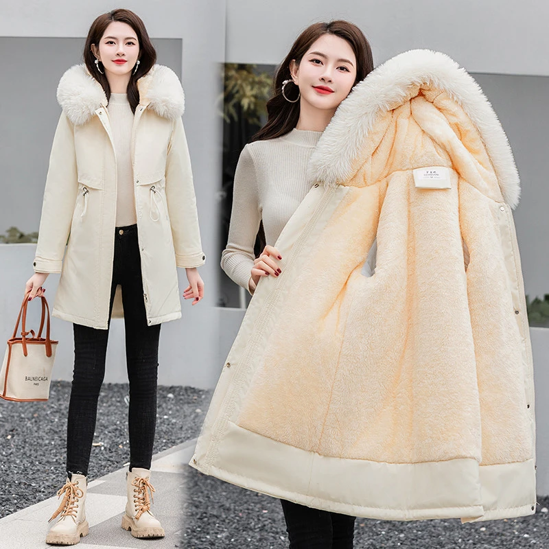 Winter Women Hooded Parka With Fluffy Fur Collar Drawstring Waist Detachable Liner Mid‑Length Warm Outerwear Multi‑Tone Option
