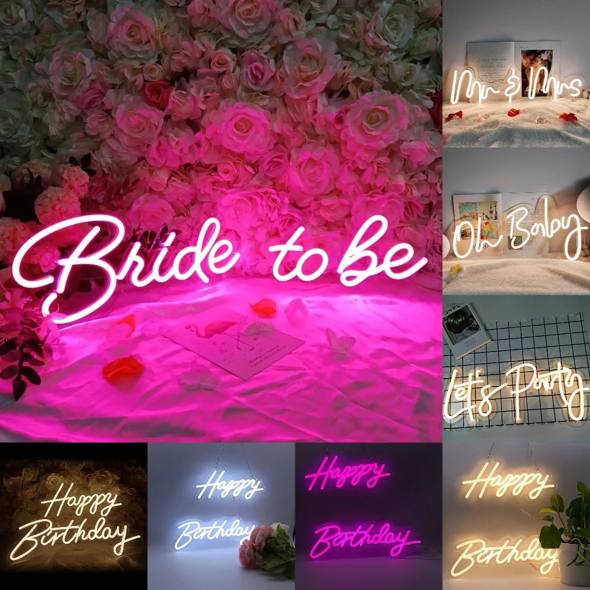 9 Styles Led Neon Sign Happy Birthday Lights Transparent Acrylic Oh Baby Neon Light Sign Wedding Party Wall Decor Led Lamp Bulk