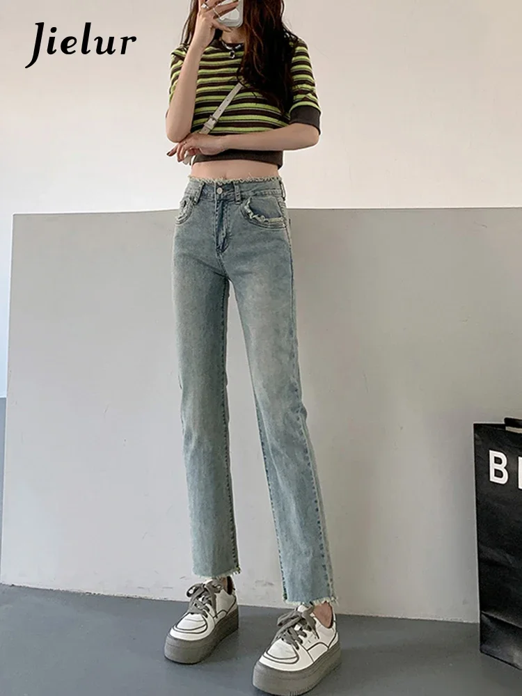 

Jielur Straight Vintage Light Blue Jeans Women Spring Summer High-waist Denim Pants Female Fashion Slim Black Casual Jeans Lady