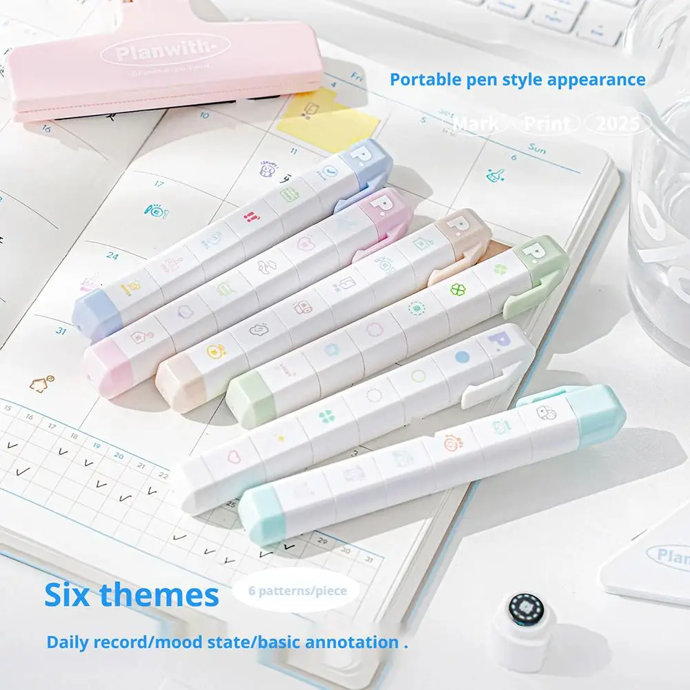 Juego de sellos planificador en forma de bolígrafo con cabezales desmontables, bonito lista de tareas, iconos de viaje en forma de corazón para diario, regalo para niños