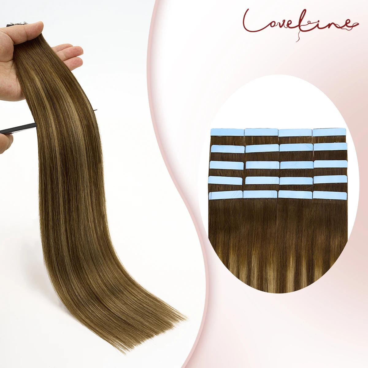 LOVELINE 15A وصلات شعر بشريط 20 قطعة غراء على Balayage لون مزدوج مسحوب 100% ريمي شعر بشري ملحقات مصنوعة آليًا #1