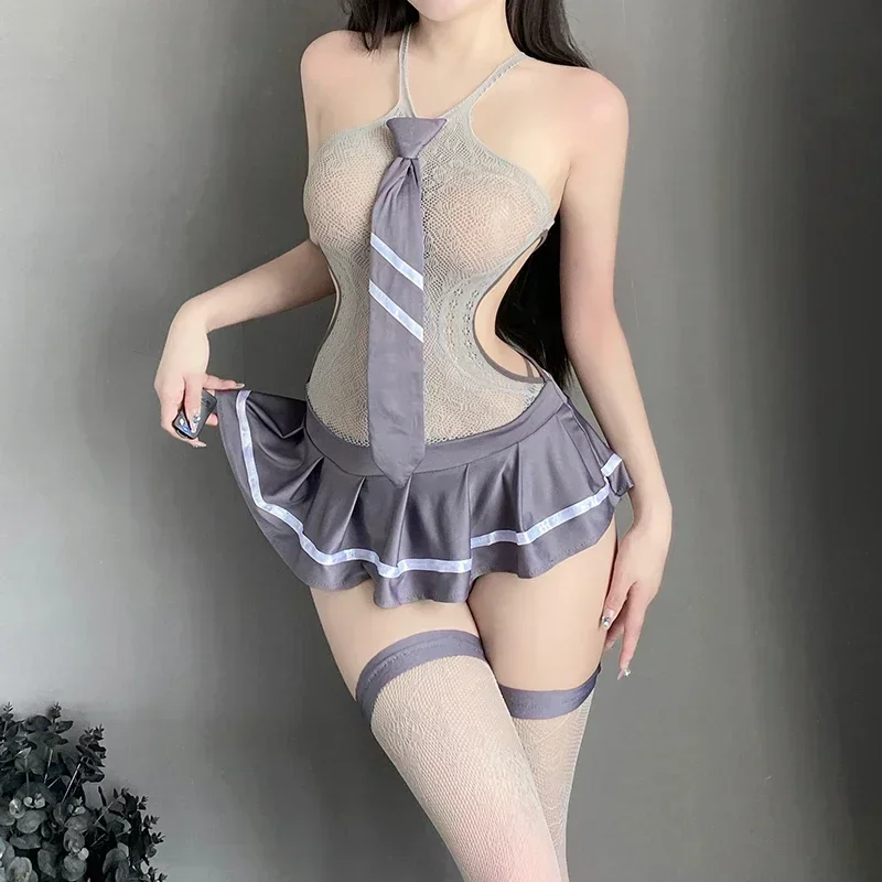 Sexy Lingerie JK School Girls Uniform Mesh Dress Suit with Stockings Exotic Customes Pajamas Underwear Night Club Wear Women