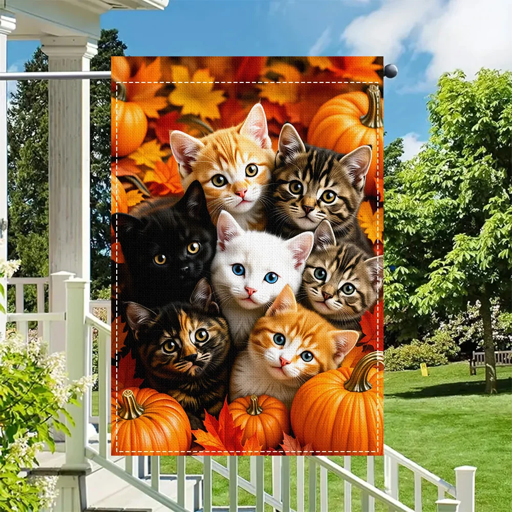 1PC Cute Kitten and Pumpkin Garden Flag, Duplex Print, Perfect for Fall Patio and Outdoor Fall Decor (Pole Not Included)