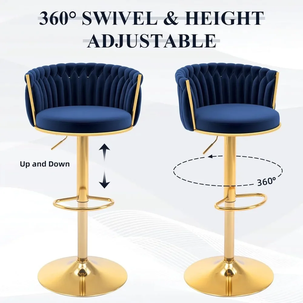 Gold Bar Stools, Velvet Woven Barstools, Swivel & Height Adjustable Counter Stools with Upholstered Backrest