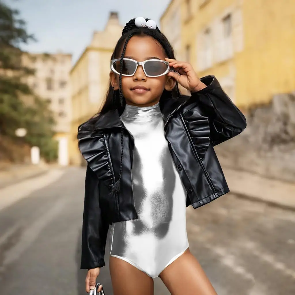 Girls  Mock Neck Long Sleeve Zipper Back Bodysuit Metallic Unitard Toddler Sparkly Tumbling Gymnastics Dance Leotard