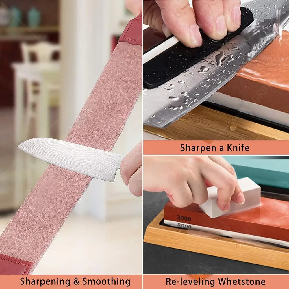 Professional Knife Sharpening Stone Kit 400/1000 3000/8000 Grit Non-slip Bamboo Base Double-side Knife Whetstone Angle guide