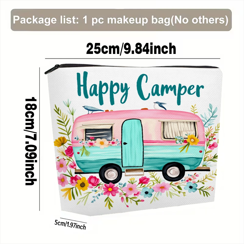 Happy Camper Van Floral Design Makeup Bags for Girls Cosmetic Pouch Toiletry Bag Pencil Case Travel Storage
