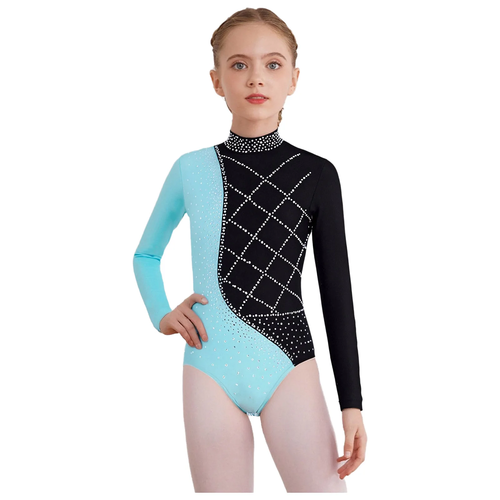 Kids Girls Lyrical Gymnastics Ballet Dance Performance Leotard Patchwork Stretchy Figure Skating Acrobatics Stage Dance Bodysuit