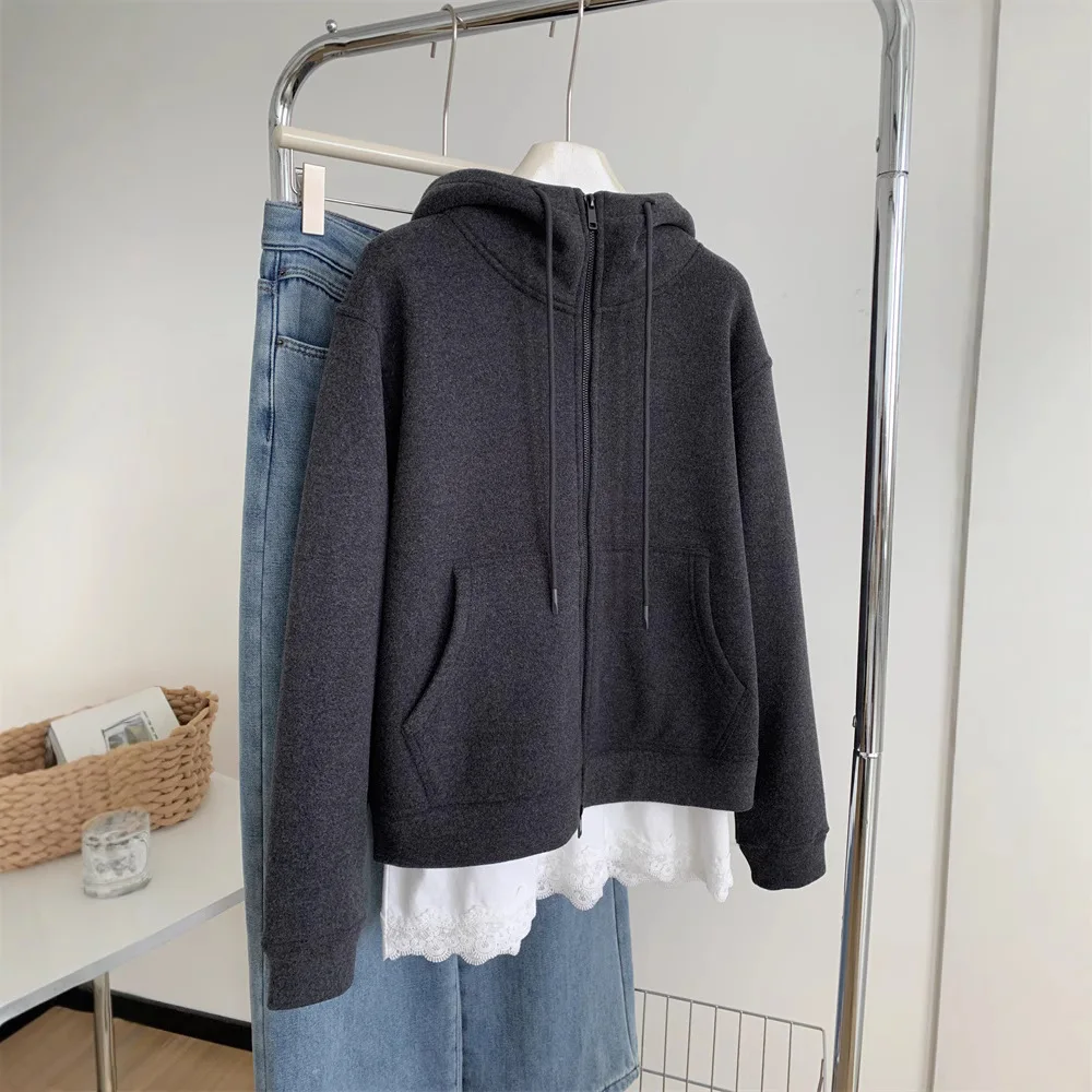 

Heavyweight Thickened Dark Gray Sweatshirt Jacket For Women, Stylish, Casual, Warm, Versatile, Early Spring Korean Version,