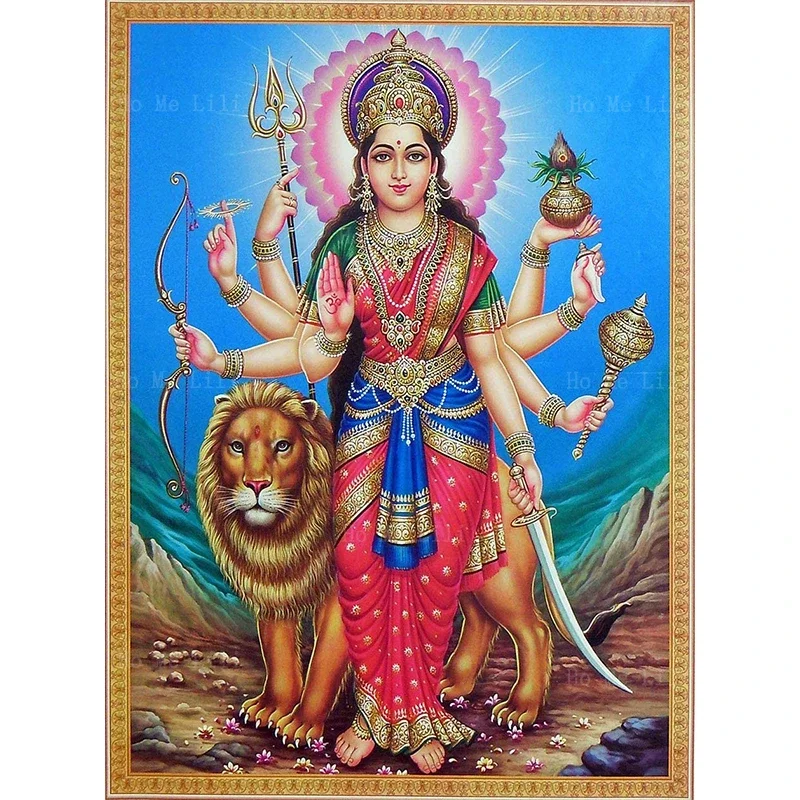 Hindu Mythology Goddess Kali Durga With Lion And Tiger Hinduism Shiva Canvas Wall Art Painting