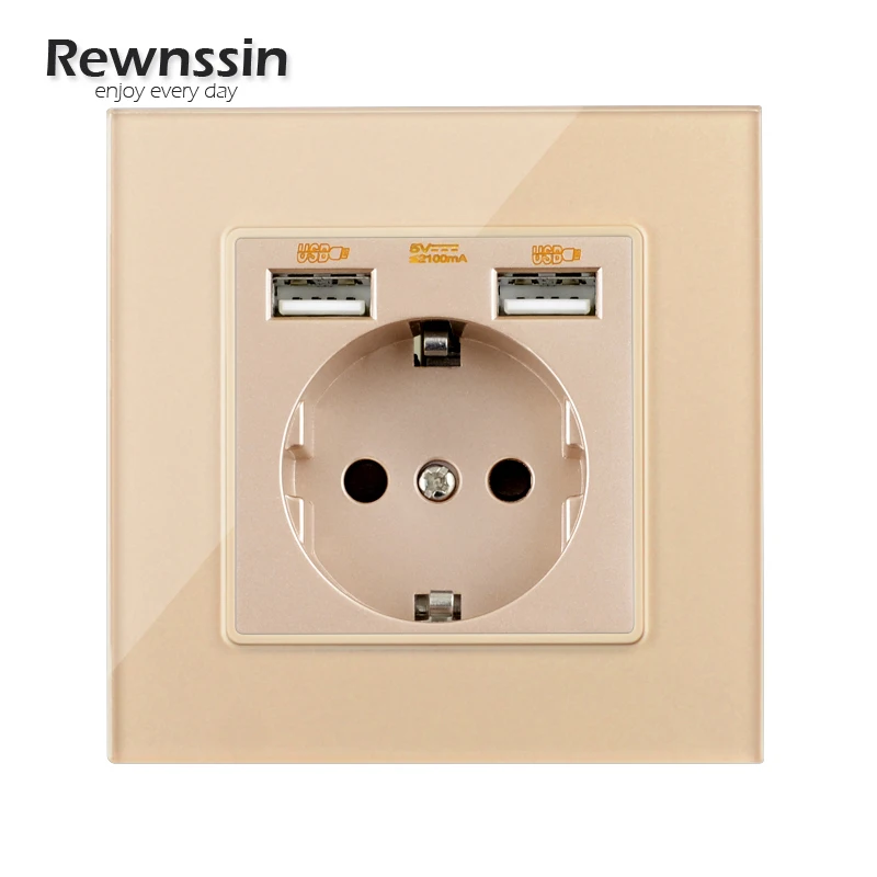 16A EU USB Electricity Plug Sockets Europe Russia Standard Outlets,Gold Glass Panel Single Double Triple Four Wall Power Outlet