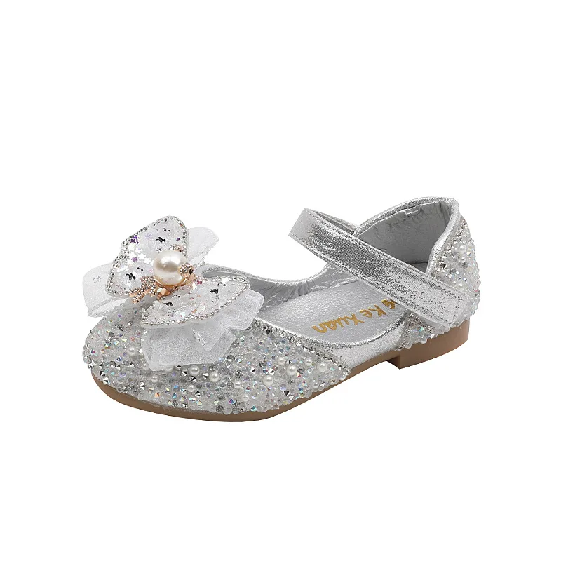 

Princess Rhinestone Shallow Flat Shoes Kids Lace Bow Tie Bling Baby Girls Dance Performance Shoes Children PU Leather Shoes Gift