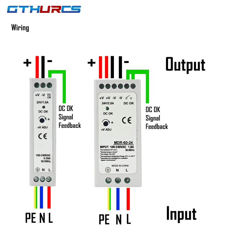 산업용 미니 AC DC Din 레일 전원 공급 장치 스위치 MDR-10W, 단일 출력 스위칭, 12V 24V 소스, 20W, 40W, 60W, 100W