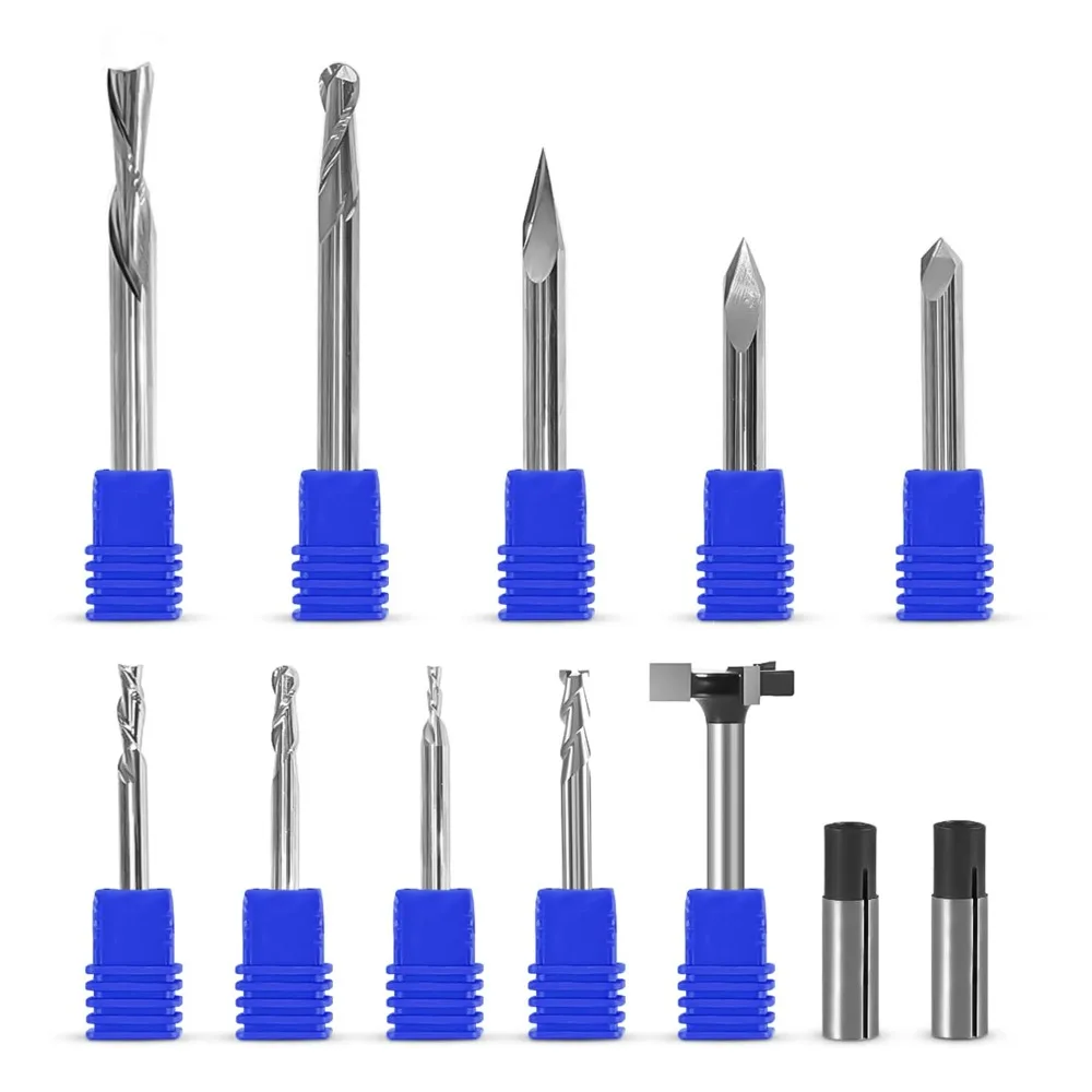 Complete Set of Essential CNC Router Bit Set, 9 Router Bits with 1/4-inch Shank, 2 Reducing Collets, 1 Surfacing Bit