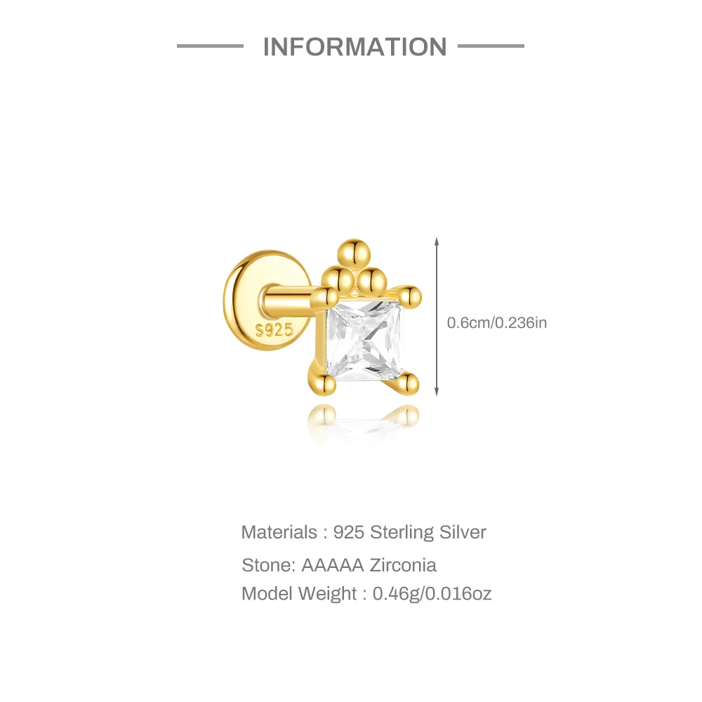 CANNER 1Pc 925 Silver Small Elegant Square Zircon Stud Earrings For Women 18K Gold Spiral Flat Bottom Puncture Ins Fine Jewelry