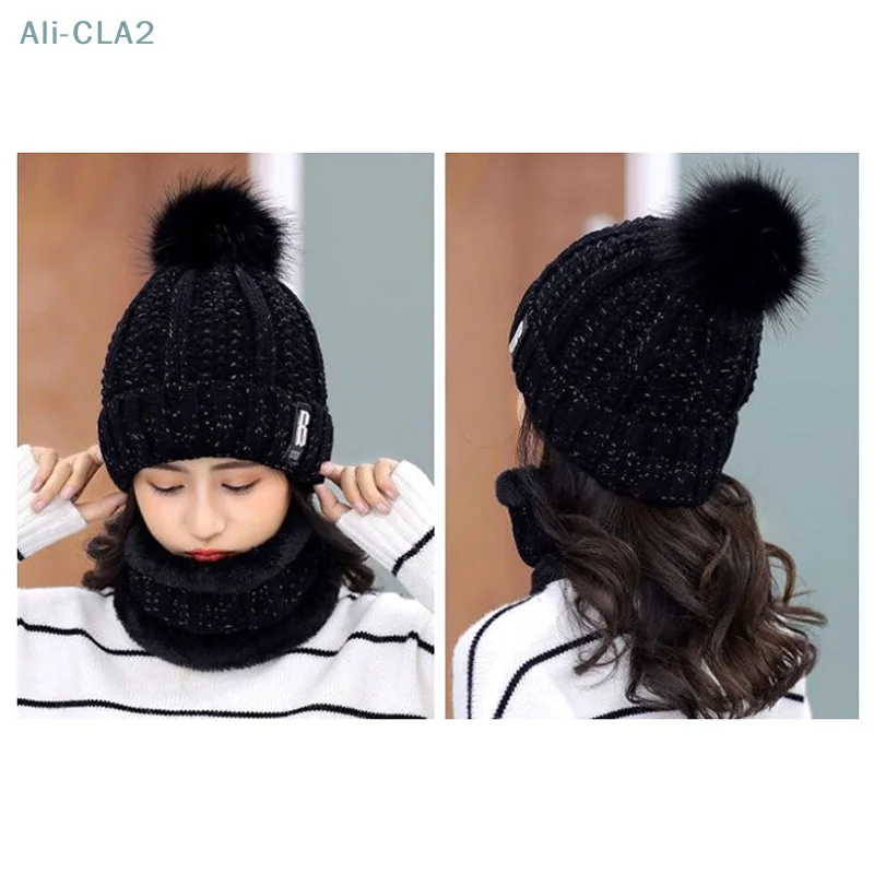 Winter Knitted Scarf Hat Set Windproof Neck Protective Warm Thickened Scarf Thick Warm Skullies Beanies Hats For Women