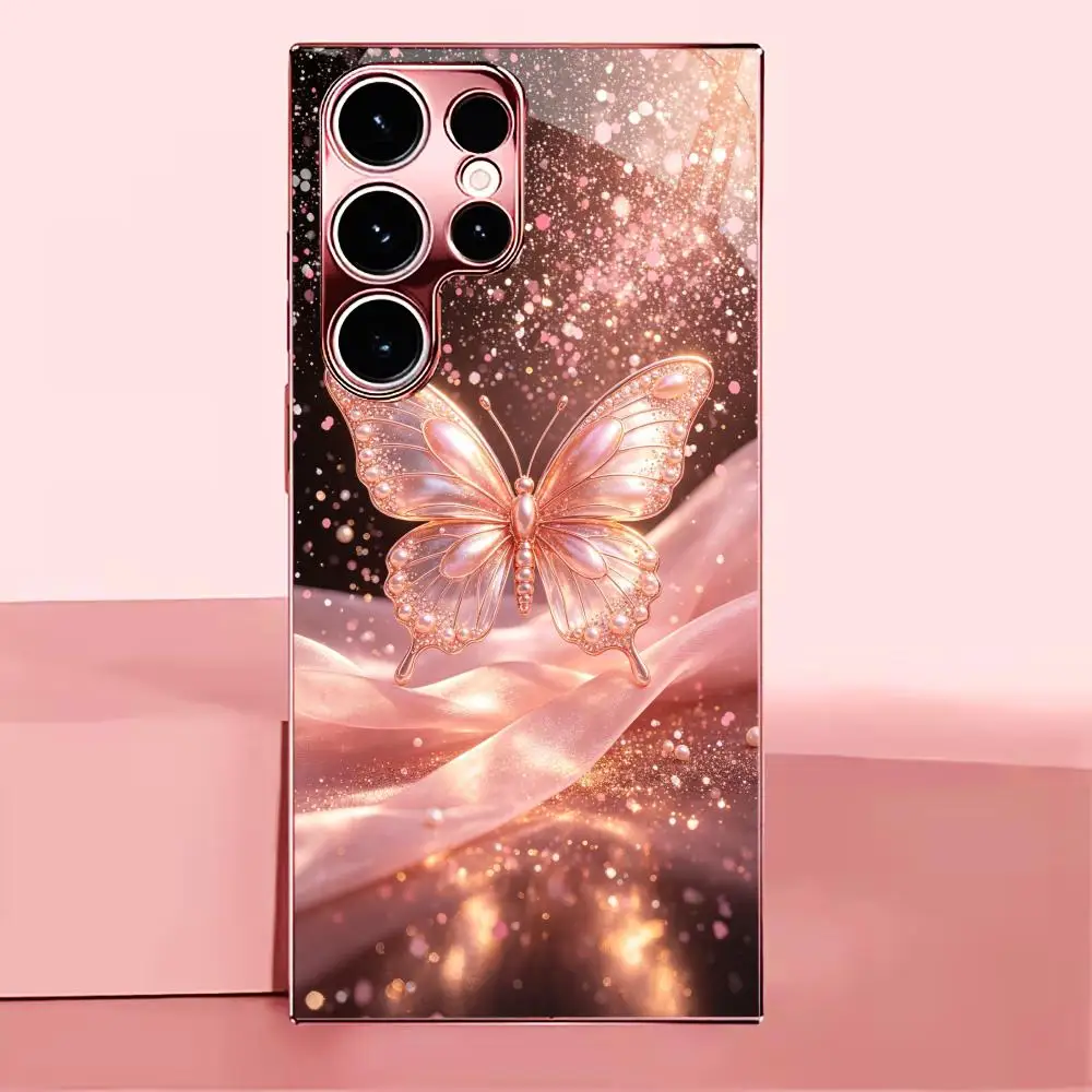 Pink Butterfly Women's Style Tempered Glass Fashion phone case for Samsung Galaxy S26/S25/S24/S23/S22FE Ultra Plus Dropresistant