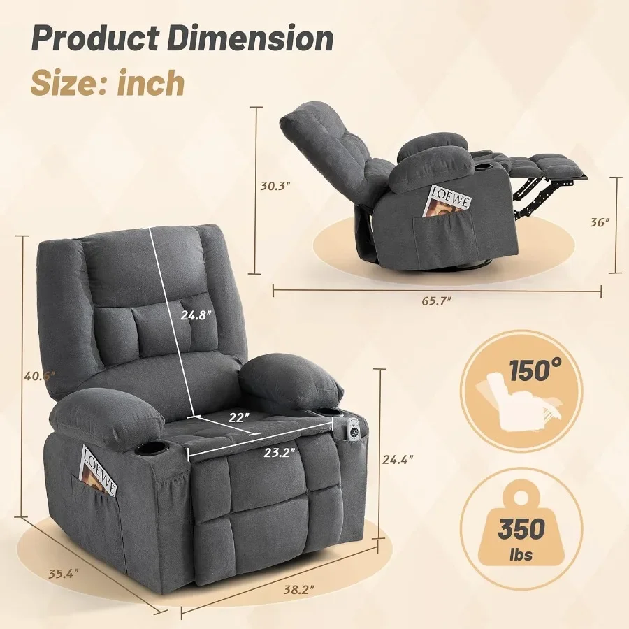 Swivel Rocker Recliner Chair with Massage and Heat, Nursery Rocking Chairs for Living Room, Ergonomic Single Sofa, Comfy Relini