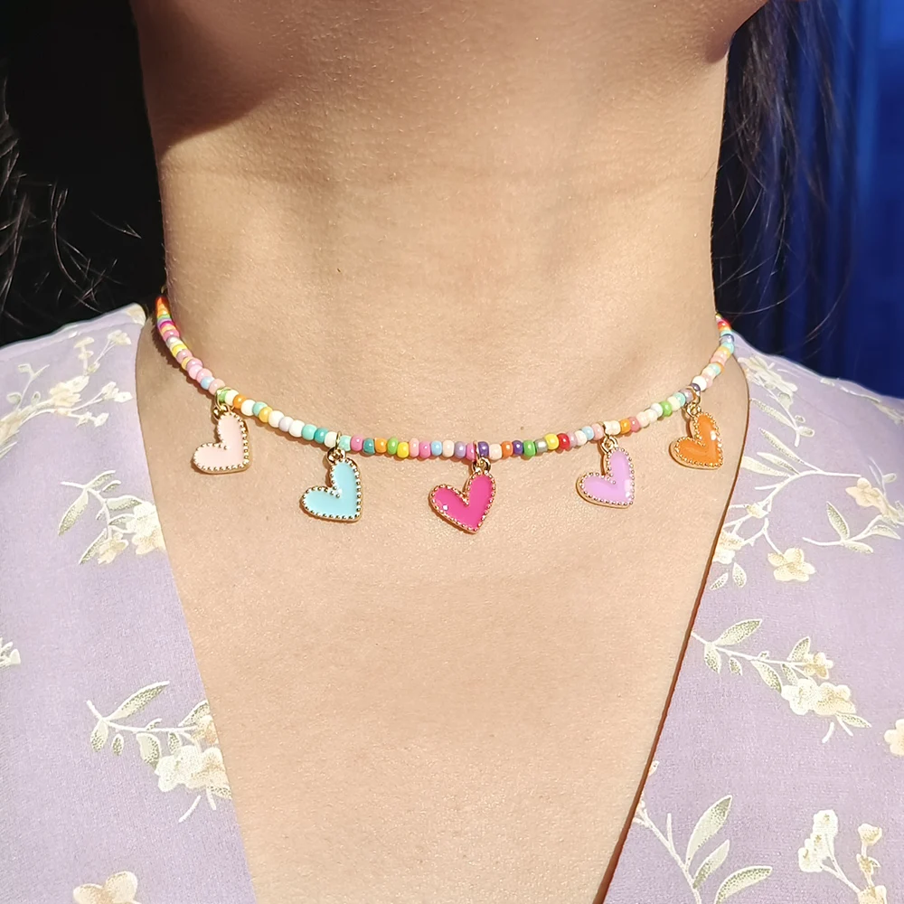 ZX Cute Colorful Enamel Heart Pendant Necklace Handmade Seed Beaded Chain Chokers Necklace for Women Bohemian Jewelry Wholesale