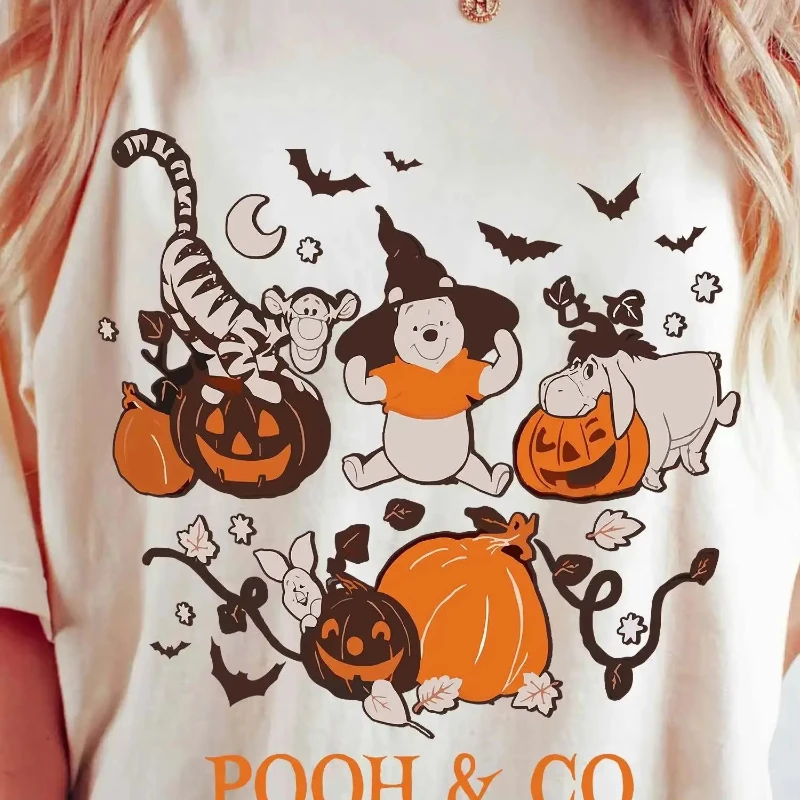 

MINISO Women's Retro Winnie The Pooh and Friends Halloween T-shirt - Winnie, Eeyore, Tiggo, Kangaroo and Lulu