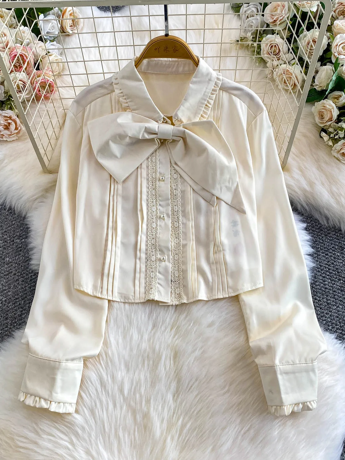 Dolce nodo bambola colletto slim fit ort irt donna pizzo pred piega autunno faion casual lungo Sve Top