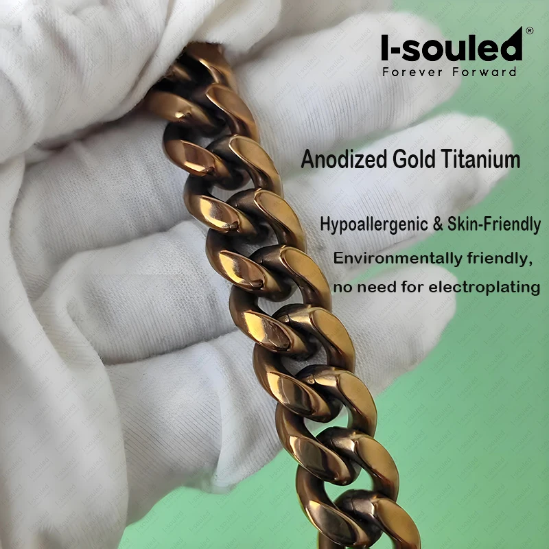 14mm Titanium Cuban Link Bracelet for Men, Anodized Gold Hypoallergenic Lightweight Chain Jewelry, Unisex Punk Wristband Gift