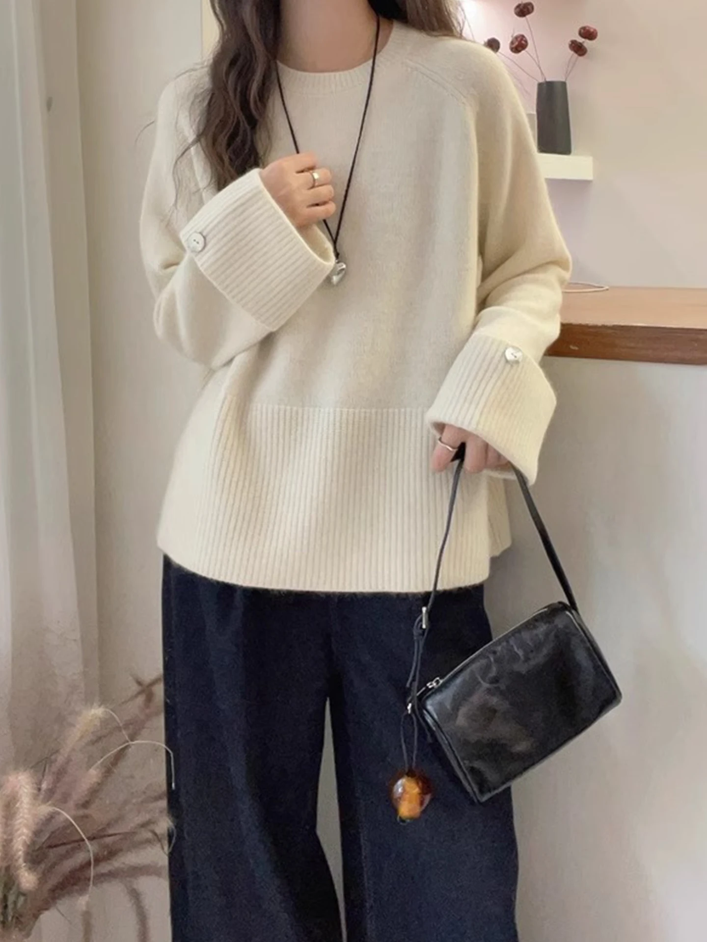 

Loose Lazy Sle Knitwear round Ne Sweater Women's Faionable Winter Top Comfortable Korean Version Long Sve Camere