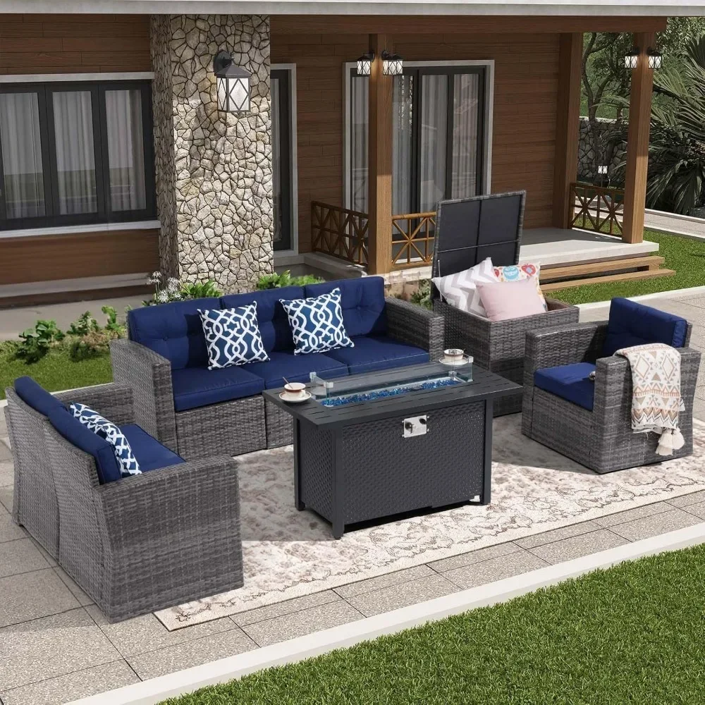

8 Pieces Outdoor Patio Furniture Set with 45” Fire Pit Table, Rattan Patio Conversation Sets with Gas Fire Pit