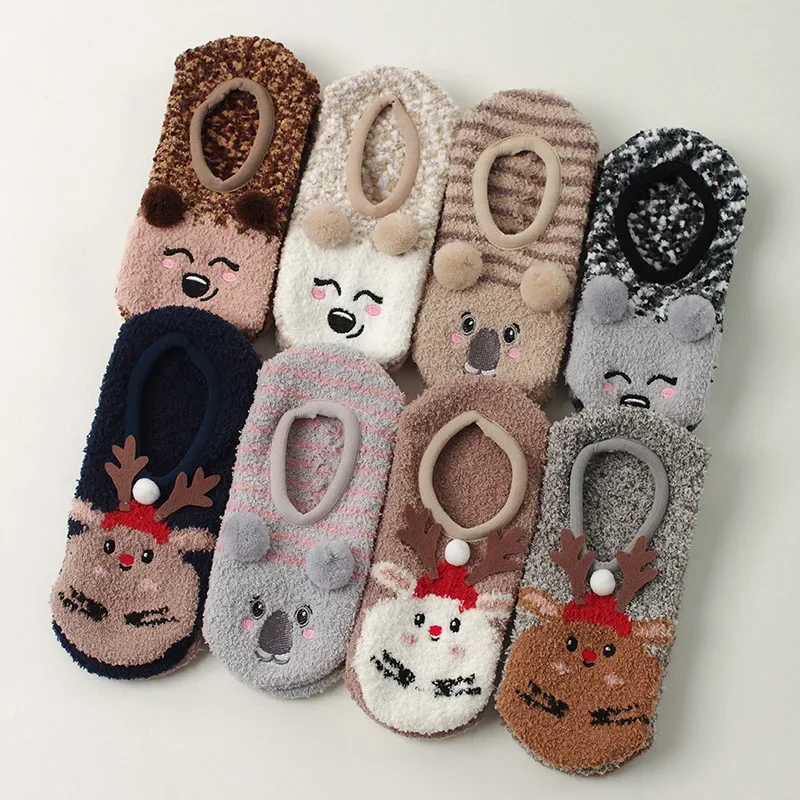 Cute Cartoon Women Girls Fluffy Bed Socks Xmas Gift Anti-slip Winter Thick Warm Slipper Coral Fleece Socks Indoor Floor Hosiery