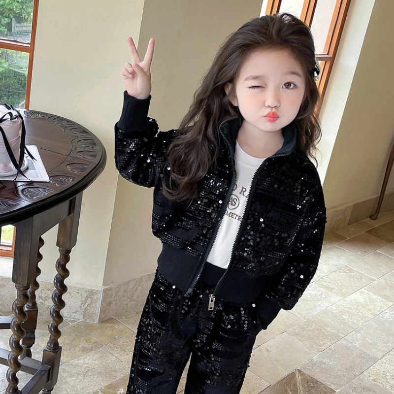 Girl Two Piece Dress Sequins 2024 New Autumn Trendy Cool Turn Down Collar Coat Classic Style Tide