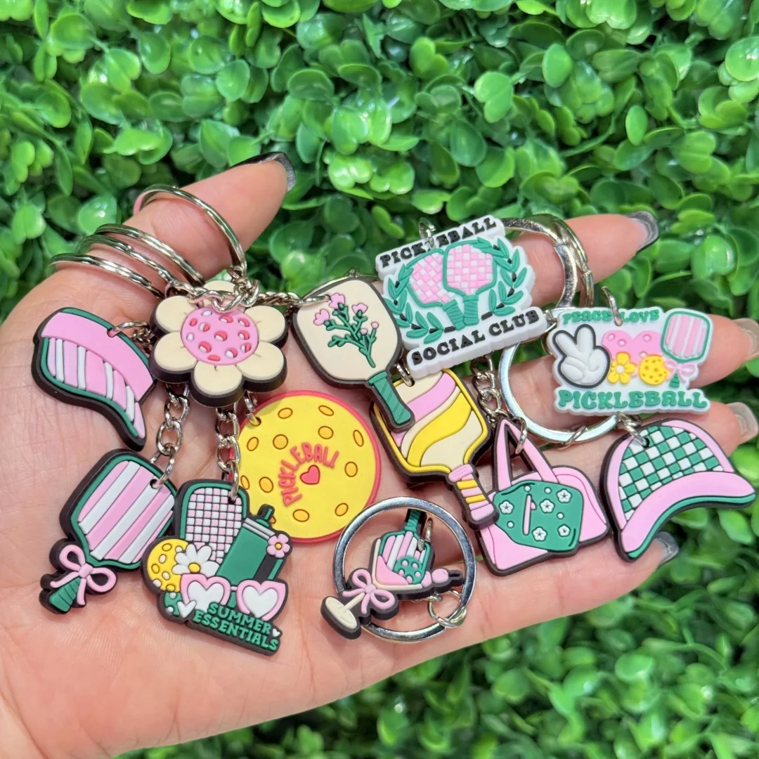 1-12Pcs Pickleball Social Club PVC Car Keyring Accessories Summer Sunhat Key Chain Sports Handbag Hanging