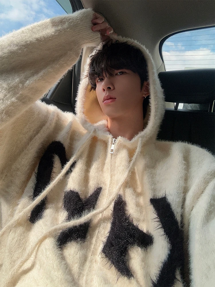 

Retro Zipper Hooded Open Cardigan Sweater Soft Cozy Camere Lazy Sle Couple Knitted Outerwear Autumn Winter Men Women