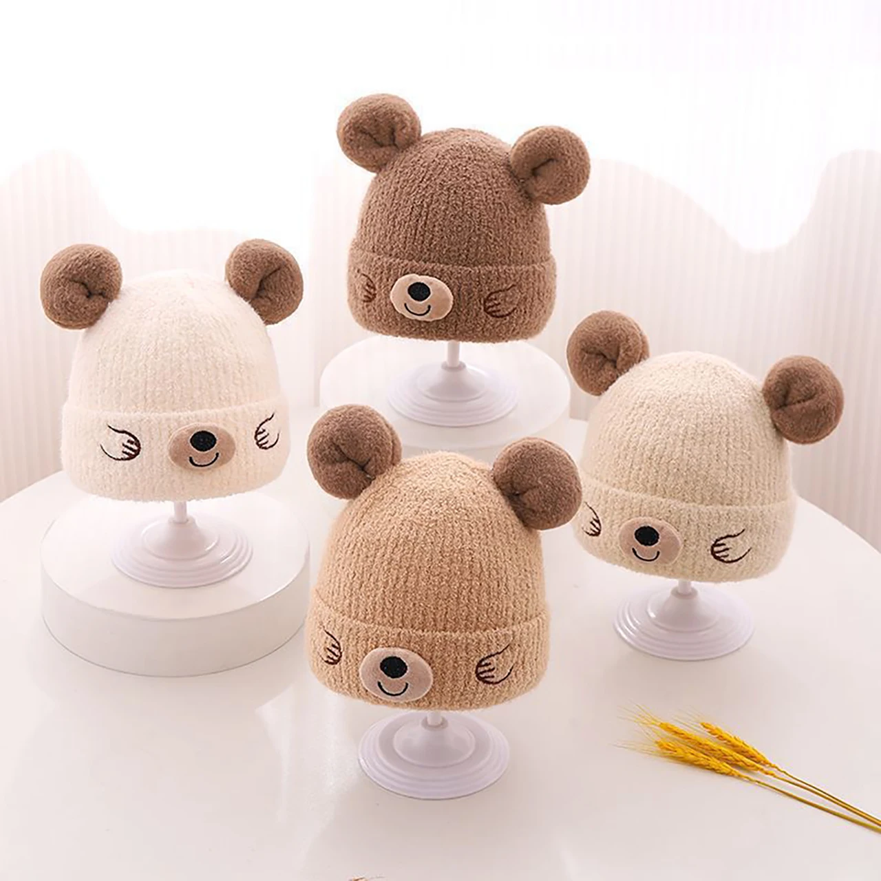 

Cartoon Bear Beanie For Baby Warm Pullover Cap 6-24Month Children Plush Skullcaps Winter Woolen Knitted Hat Velvet Infant Bonnet
